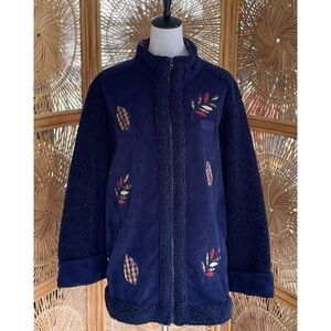Vintage Northern Reflections Navy Blue Fleece Embroidered Plaid Leaves Jacket